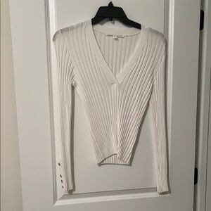 Veronica Beard White V-Neck Ribbed Sweater